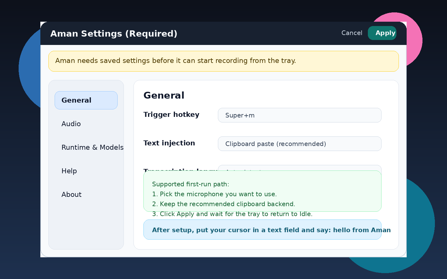 Aman settings window